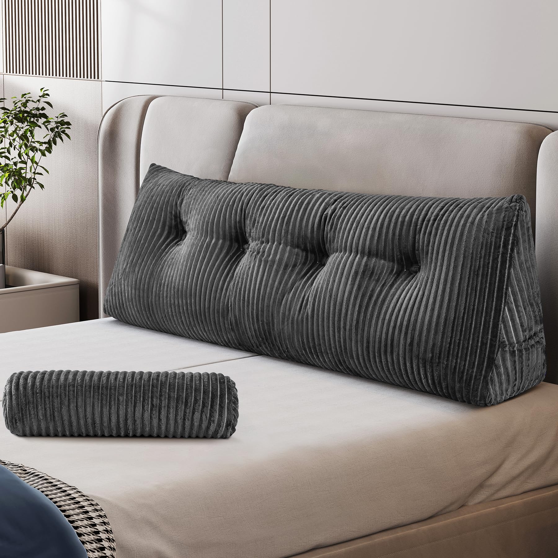 Z-hom Large Wedge Pillow Headboard, Full Triangular Headboard Pillow, Reading Pillow Bed with a Roll Pillow for Bed Sitting Up Sleeping, Backrest Cushion Headboard Gap Pillow for Back,Grey Image
