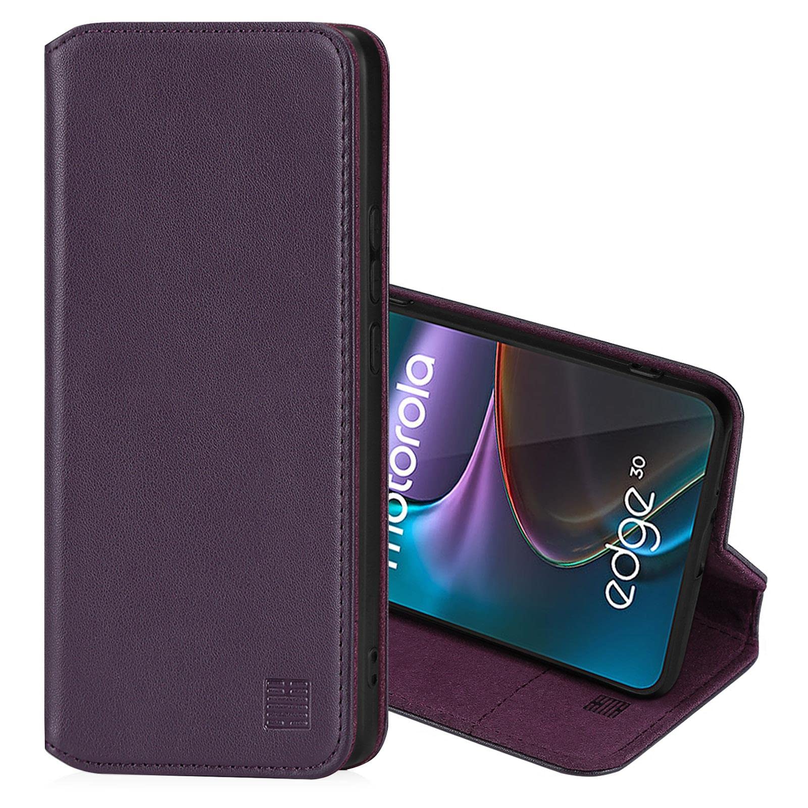 32nd Classic Series 2.0 - Real Leather Book Wallet Flip Case Cover For Motorola Moto Edge 30, Real Leather Design With Card Slot, Magnetic Closure and Built In Stand - Aubergine