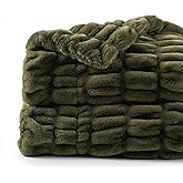 BATTILO HOME Olive Green Faux Fur Throw Blanket for Bed, Double Side Reversible Ruched Faux Rabbit Fur Throw for Couch, Bed, Super Soft Blanket Cozy Warm Mink Blanket, 50"x60"