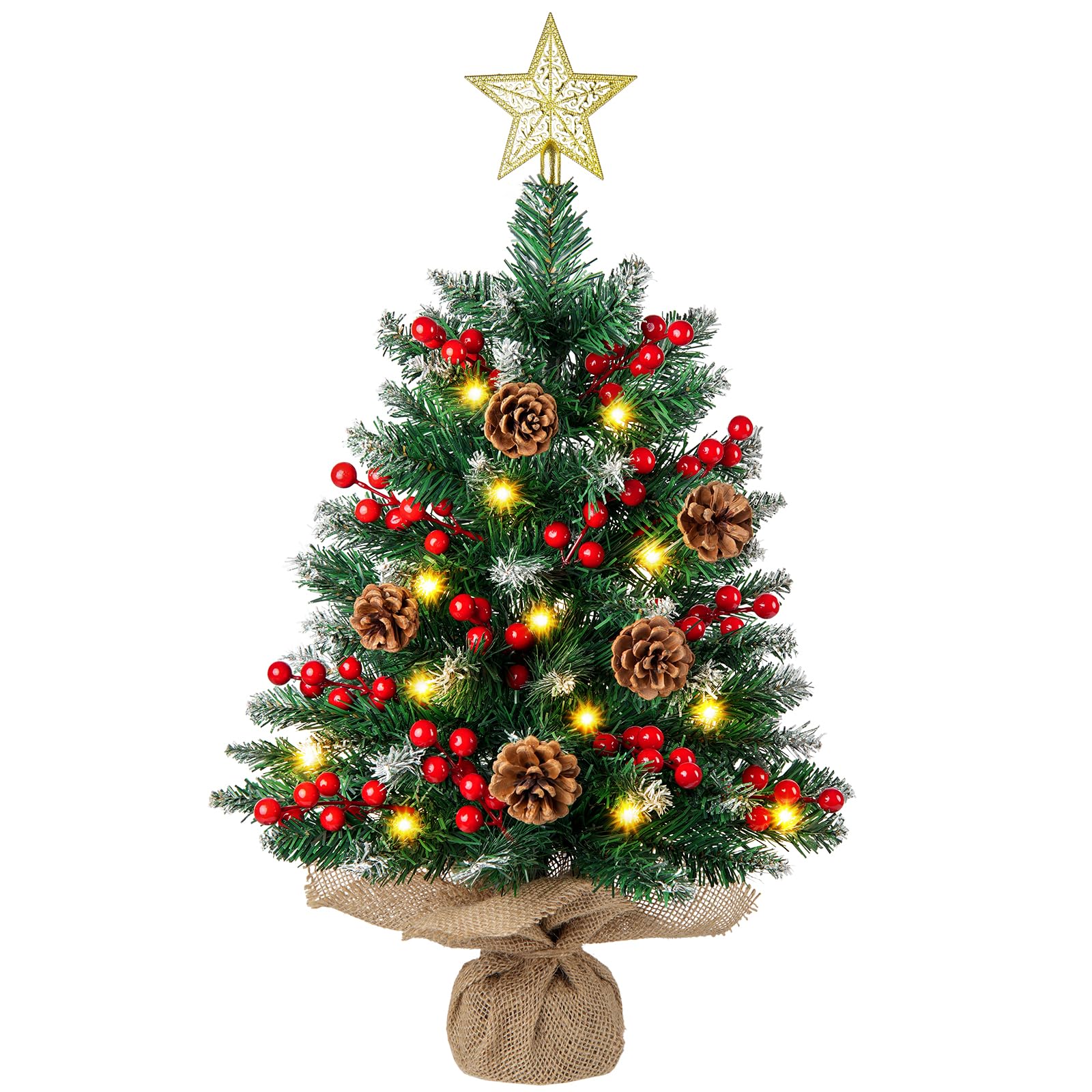 N&T NIETING Mini Christmas Tree with Lights, 61CM Table Top Tree with Star Tree Topper, Snow Flocked Artificial Xmas Tree for Home Office Desktop Party Indoor Christmas Decorations(Green)