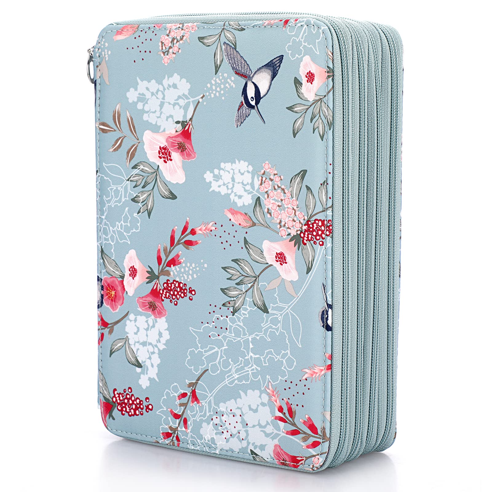BSTKEY 200 Slots Pencil Wrap Case Colored Pencil Holder, Pencil Pouch Bag Pen Storage Organizer with Zipper for Colored Pencils Stationery (Hummingbird Flower)