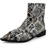 MISSMILLER Women Booties Buckle Ankle Boots Chunky Low Heel Eyelet Booties Sexy Pointy Toe Fashion Dress Short Boots with Zips