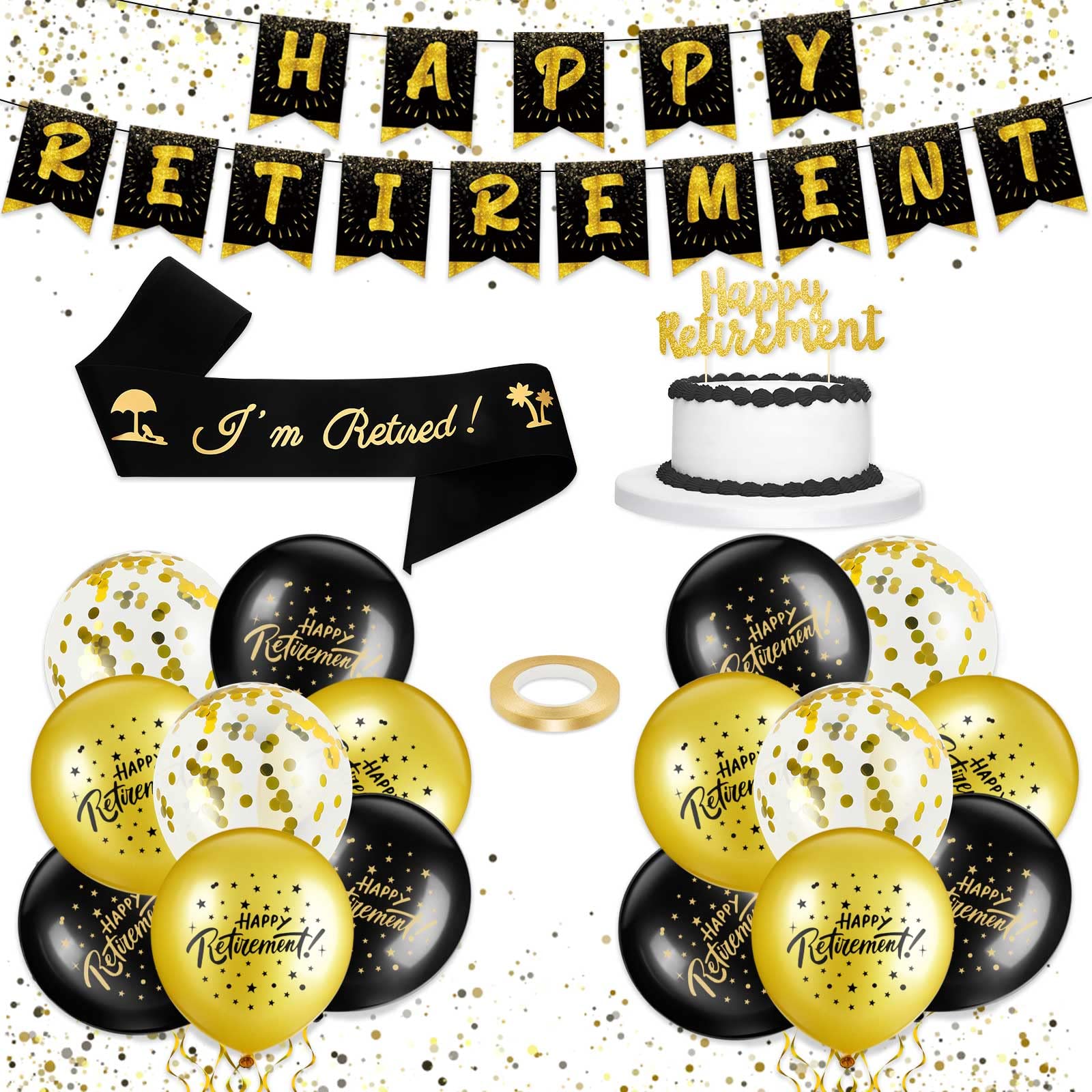 19 Pieces Retirement Party Decorations Black Gold Happy Retirement Banner Balloons I'm Retired Sash Gold Glitter Happy Cake Topper with Party Ribbon for Male Female Retired Decoration Supplies
