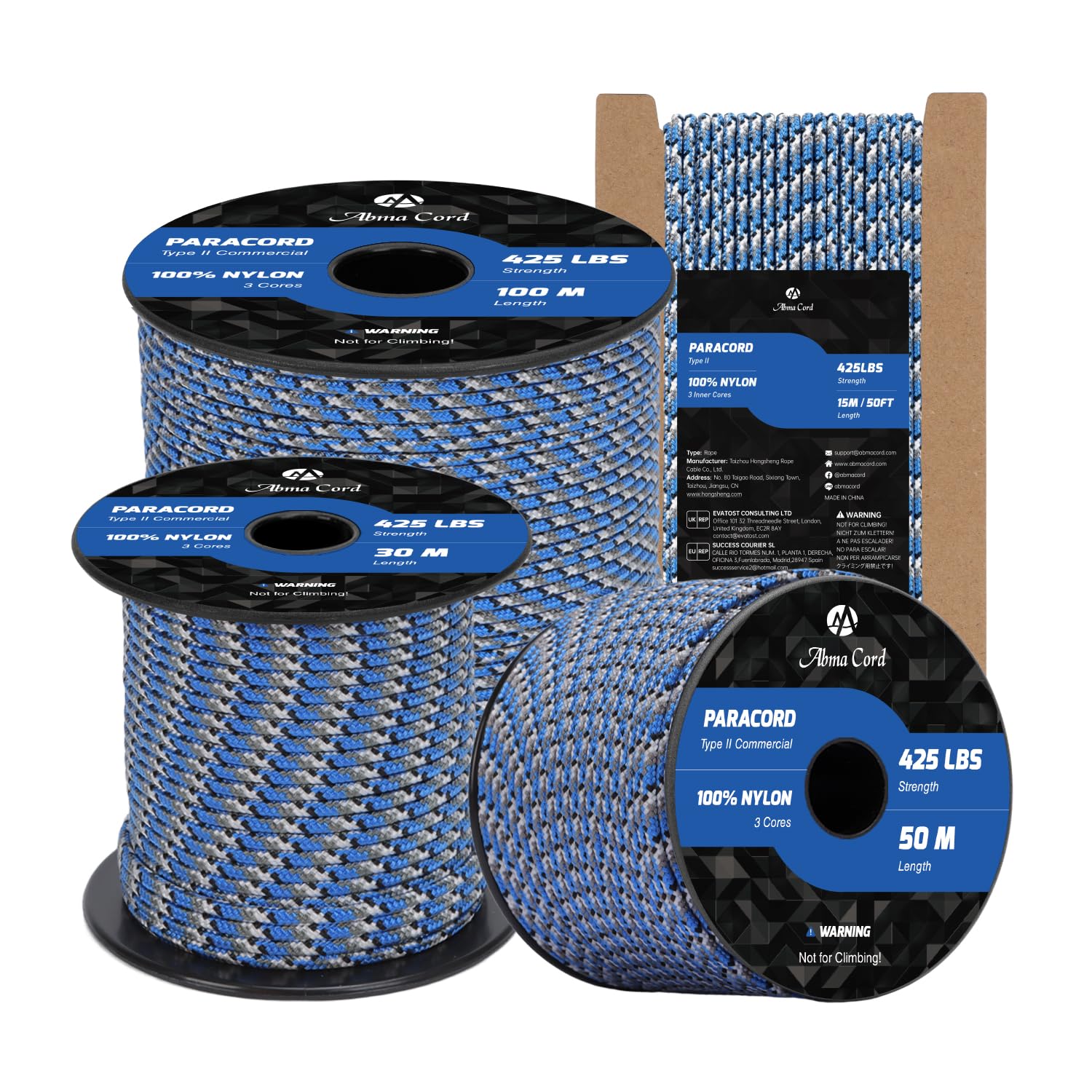 Abma Cord Paracord 3mm 30m 100% Nylon Rope Type II 3 Strands Parachute Cord - Max. 192kg (425lbs) - Blue Snake