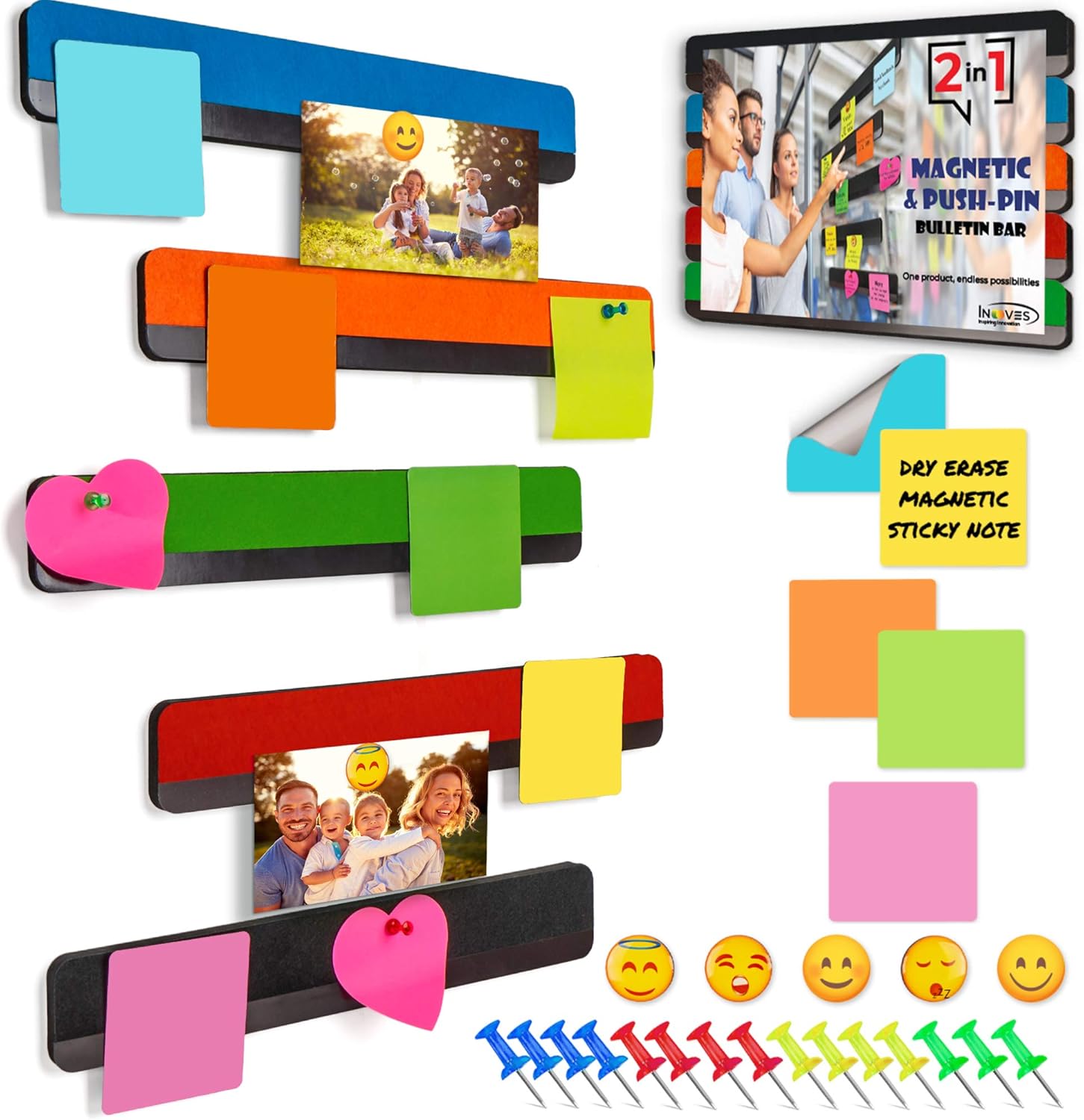 Inooves Combo Bulletin Board Strips - 5 Color Self Adhesive Backing Magnetic Metal Felt Push Pin Bars, Better Than Cork Strip Bulletin Bars or Cork Board Strips for Walls, Home Office Memo Corkboard