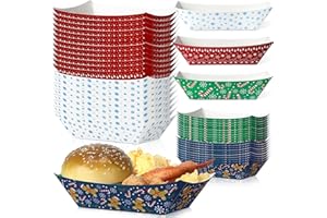 Fulmoon 100 Pc Christmas Paper Food Trays - 3 Lb Heavy Duty Disposable Boats for Nachos, Taco, Popcorn, Hot Dog - Party Supplies (4 Styles)