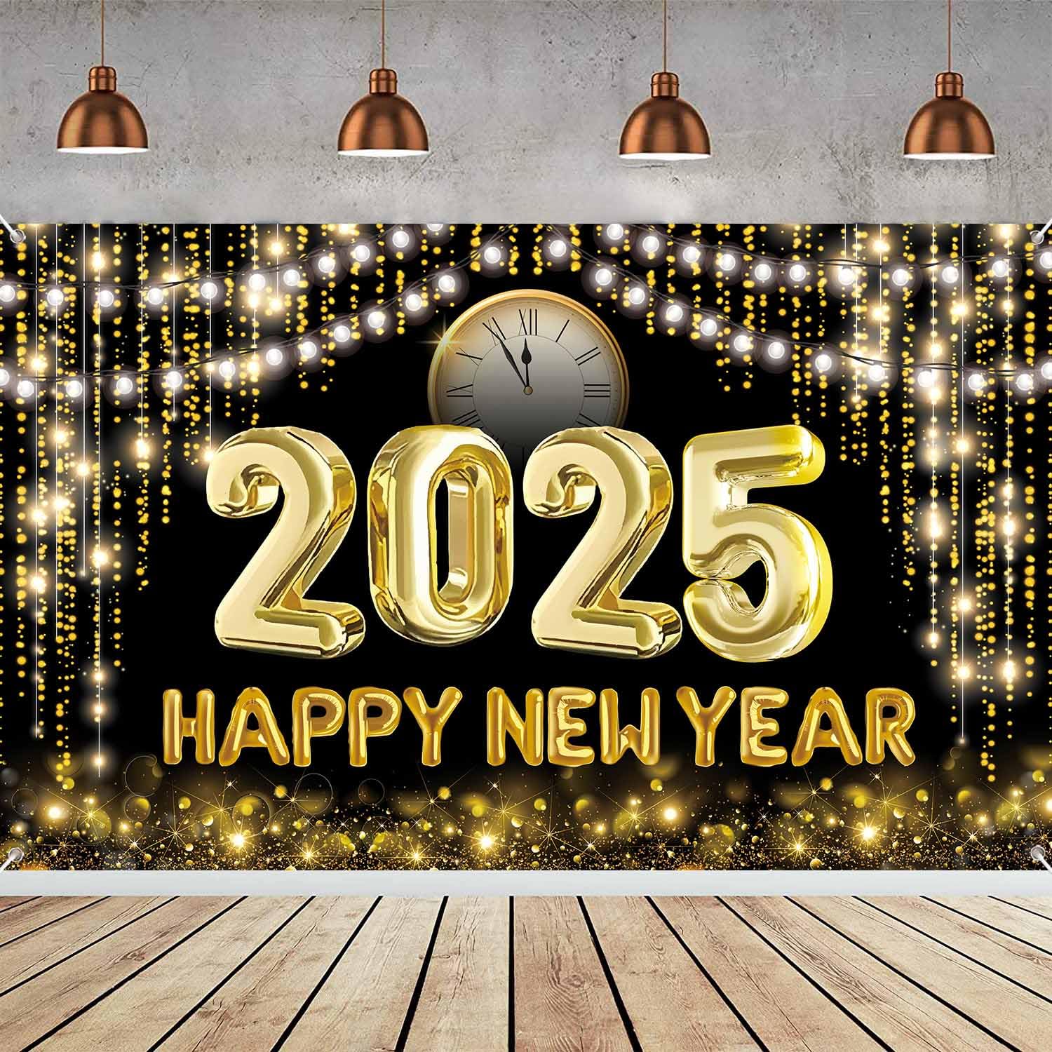 Large New Year Banner, Happy New Year Eve Decorations - Black & Gold, 2025 Party Supplies (70.87 x 43.3Inchs)
