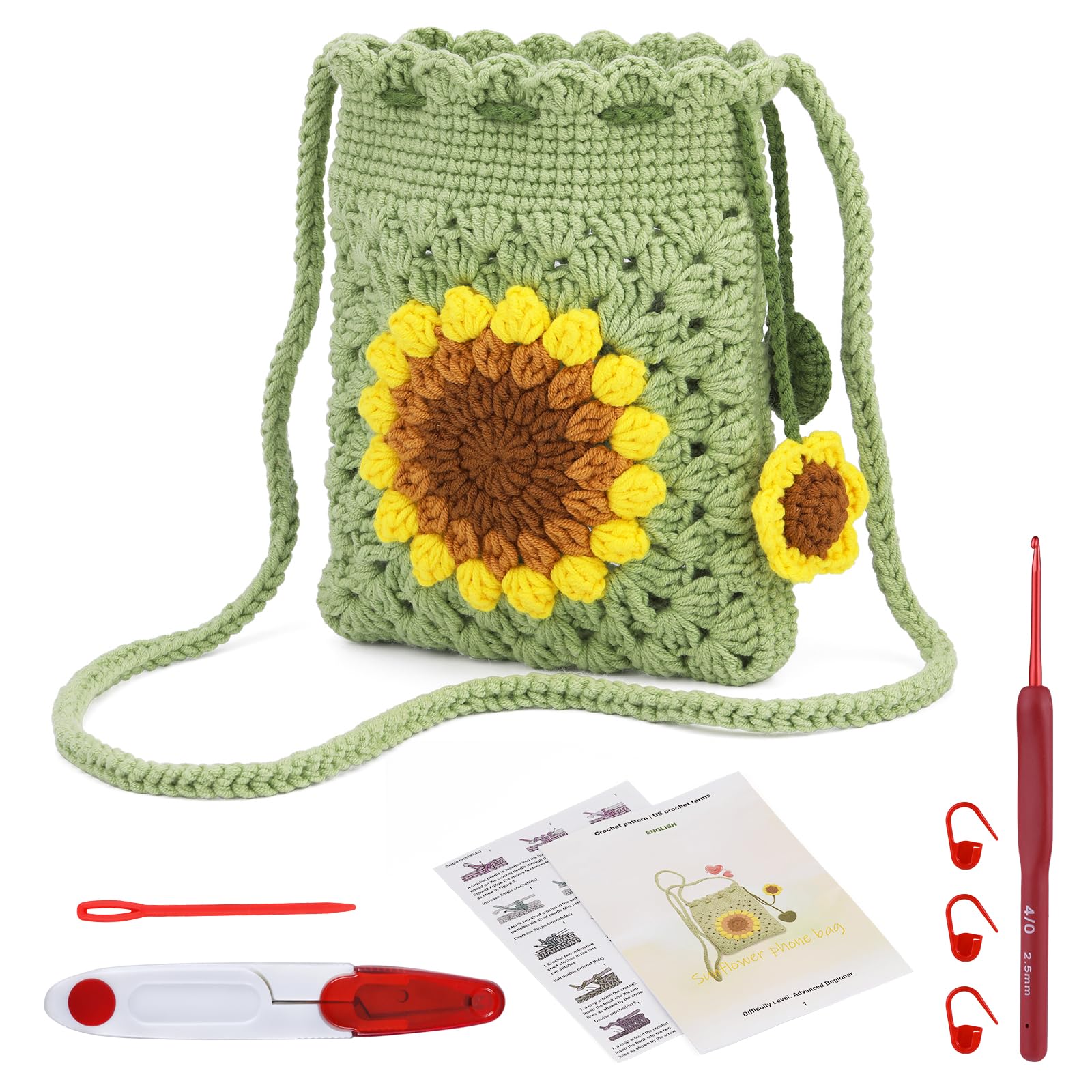 ENCHOL Beginner Crochet Kit, Sunflower Phone Bag Crochet Kit, Complete Crochet Kits for Starters Adults with Step-by-Step Video Tutorials for DIY Craft Creations