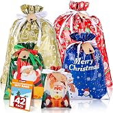 XPCARE 42Pcs Christmas Wrapping Gift Bags, Assorted Sizes Aluminum Foil Christmas Gift Bags with Drawstring for Gift Wrap/Hol