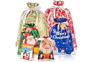 XPCARE 42Pcs Christmas Wrapping Gift Bags, Assorted Sizes Aluminum Foil Christmas Gift Bags with Drawstring for Gift Wrap/Holidays Favor Supplies