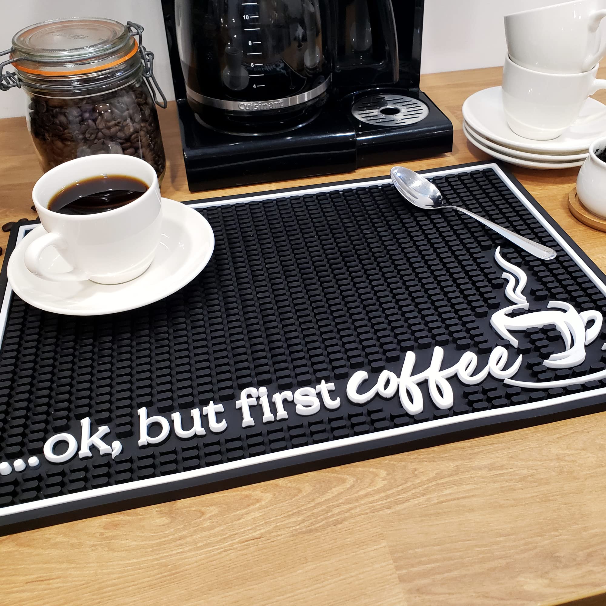 New Mungo Coffee Bar Mat – “Ok But First Coffee” – Spill-Proof PVC Coffee Station Mat, Non-Slip Countertop Protector 18