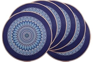 PIGCHCY Round Boho Placemats Set of 6, Rubber Heat Resistant Tabel Mats, Waterproof Washable Placemat for Dining Table Decoration (Deep Blue)