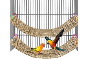 Arfubye 2Pcs 29.5 x 7 inches Large Bird Seagrass Mat Grass Woven Net Parrot Hammock Mat Parakeet Climbing Rope Ladder with Hooks Bird Cage Accessories for Conure Cockatiel Budgie Macaw Bearded Dragon
