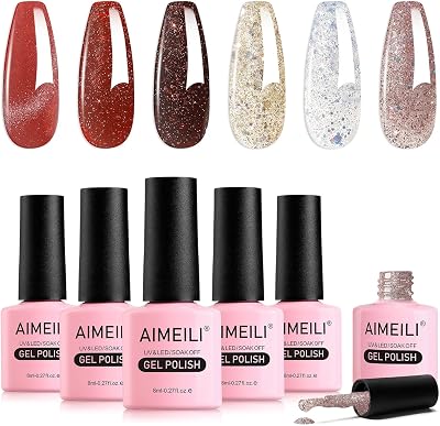 AIMEILI Gel Nail Polish Set 6pcs Pink Glitter Red Soak-Off UV/LED 8ml Gift