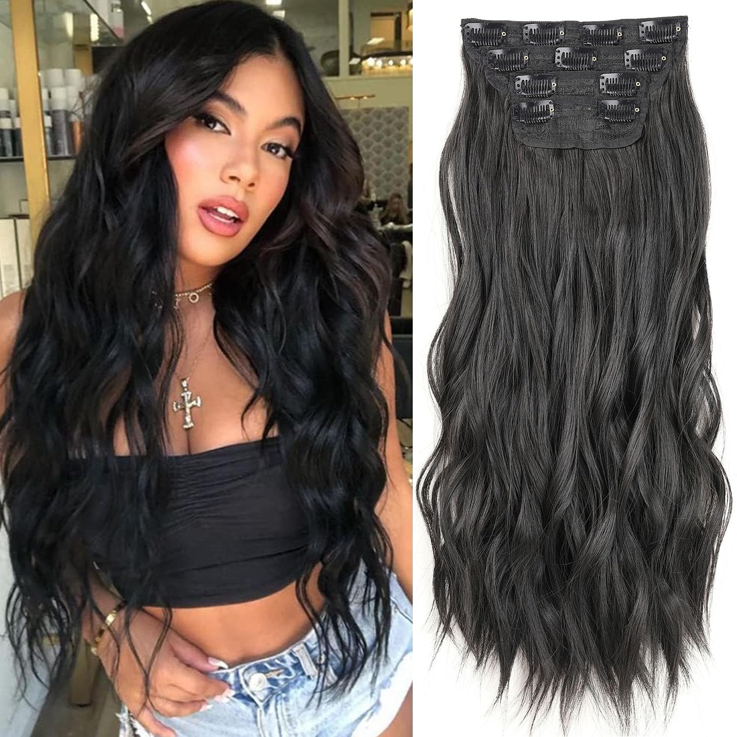 Mscat 20 Inch Wavy Black Clip in Hair Extensions - 4PCS Full Head Set Thick Curly Synthetic Hair Pieces for Women Girls (1B#) — image 1