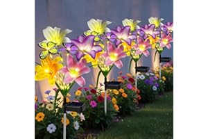 ostritec Solar Garden Lights Outdoor, 4 Pack Flower Lights for Outside, 16 Solar Lilies with Butterflies, Waterproof Garden Decor for Yard, Patio, Gifts for Women Mom (4 pcs Lilies)