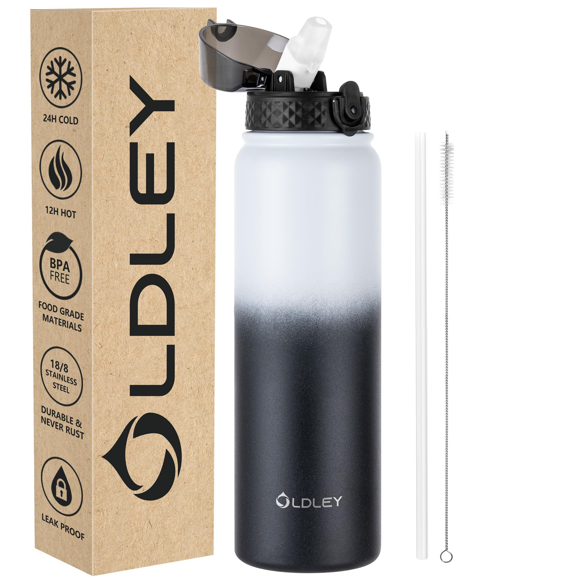 OLDLEY Stainless Steel Water Bottle with Straw 1L Vaccum Insulated Large Drink Flask Metal Water Bottles 1 Litre Leakproof Keep Drinks Hot Cold for Sports Bike Gym Adult Women Men(White Black, 1 Lid) — image 1