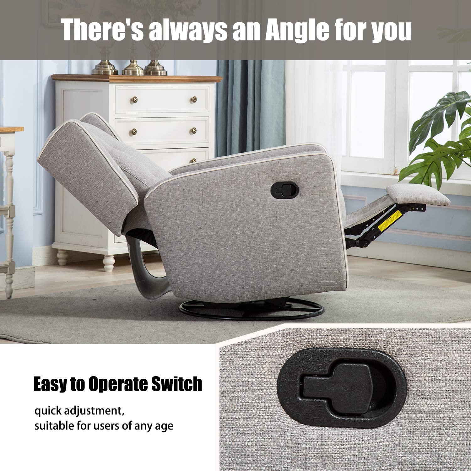 Swivel Rocker Recliner Chair, Nursery Glider Chair, Nursery Rocking Chairs, Manual Reclining Chair, Grey