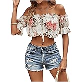 WDIRARA Women's Floral Off Shoulder Blouse Tie Front Short Sleeve Casual Crop Tops