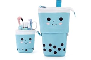 ANGOOBABY Cute Pencil Case Standing Pen Holder Telescopic Makeup Pouch Pop Up Cosmetics Bag Stationery Office Organizer Box for Girls Students Women Adults Christmas Gift (Blue)
