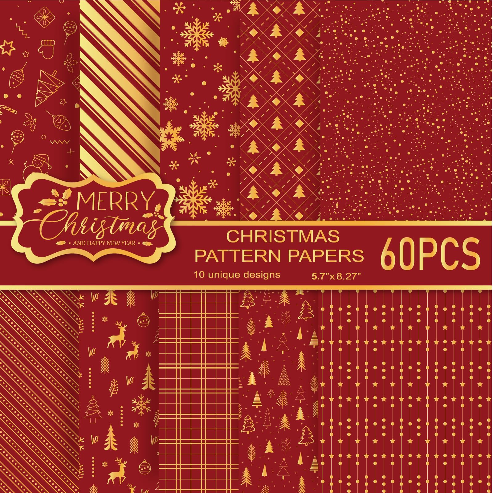 MIAHART 60 Pieces Merry Christmas Pattern Paper Set 10 Designs Festival Craft Paper for Card Making Scrapbook (Red & Gold, A5)