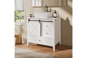 VNN Bathroom Vanity with Sink - 36 Inch Bathroom Vanity with Sink Ceramic, Freestanding Cabinet with Farmhouse Sliding Barn Door and 3 Drawers, Space-Saving Storage Cabinet, Wood Grain Texture, White