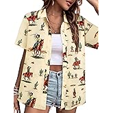 MYMORE Women's Western Cowgirl Button Up Shirt Vintage Print Short Sleeve Hawaiian Shirt Top Cute Country Concert Outfit