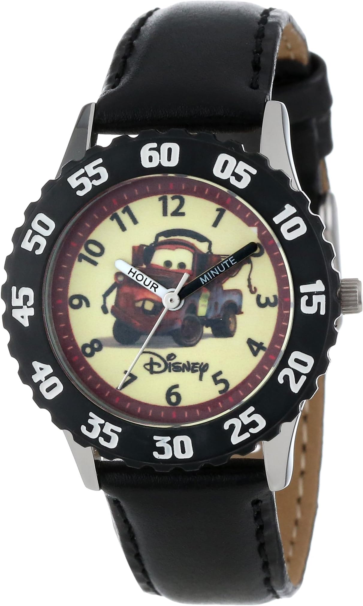 Disney By Ewatchfactory Kids Tow Mater Quartz Watch with White Dial Time Teacher Display and Black Leather Strap W000087