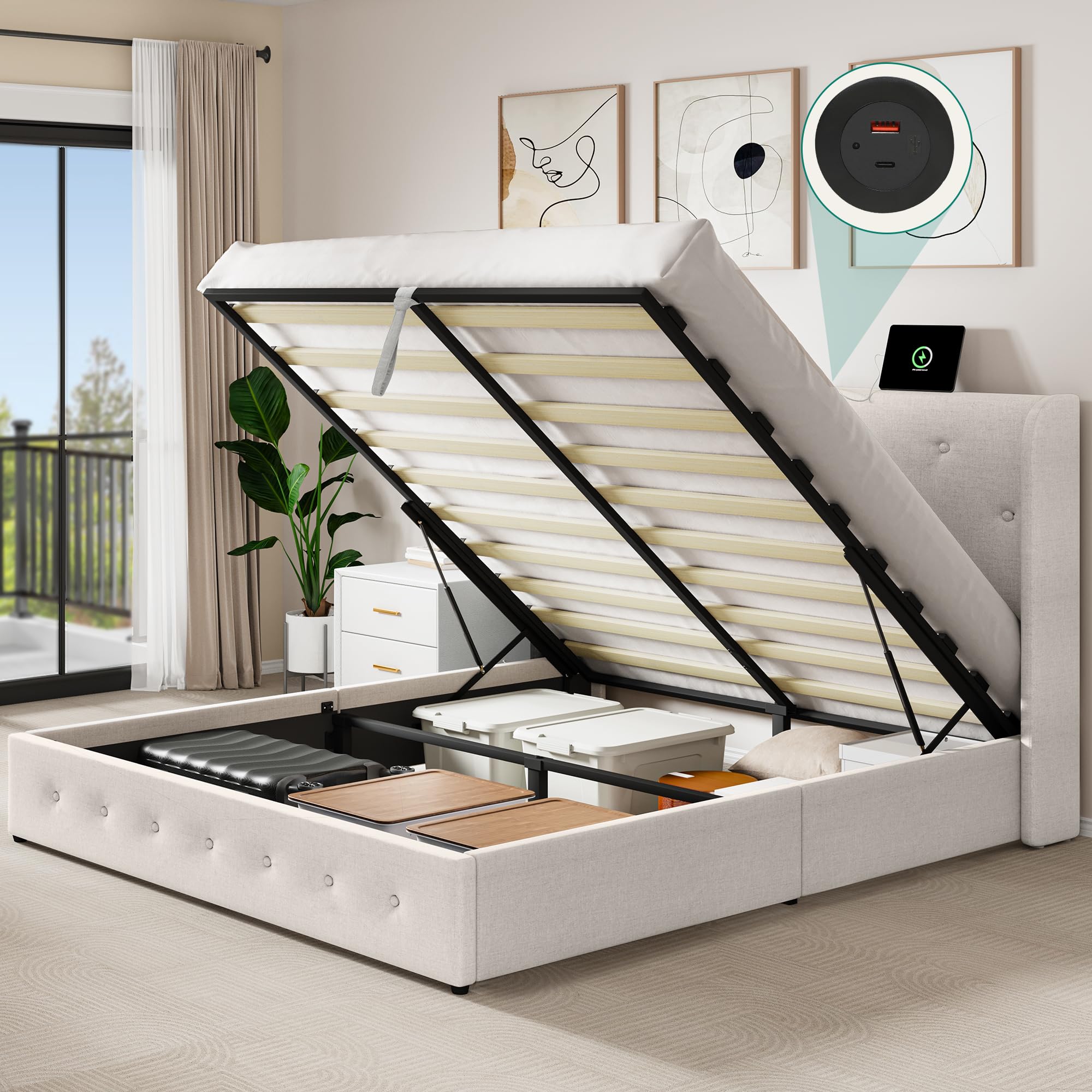 DWVO Queen Lift Up Storage Bed Frame with Charging Station,Upholstered ...