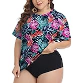 FOREYOND Plus Size Rash Guard Shirts for Women Short Sleeve UPF 50+ Sun Protection Swimwear Swim Suits Top