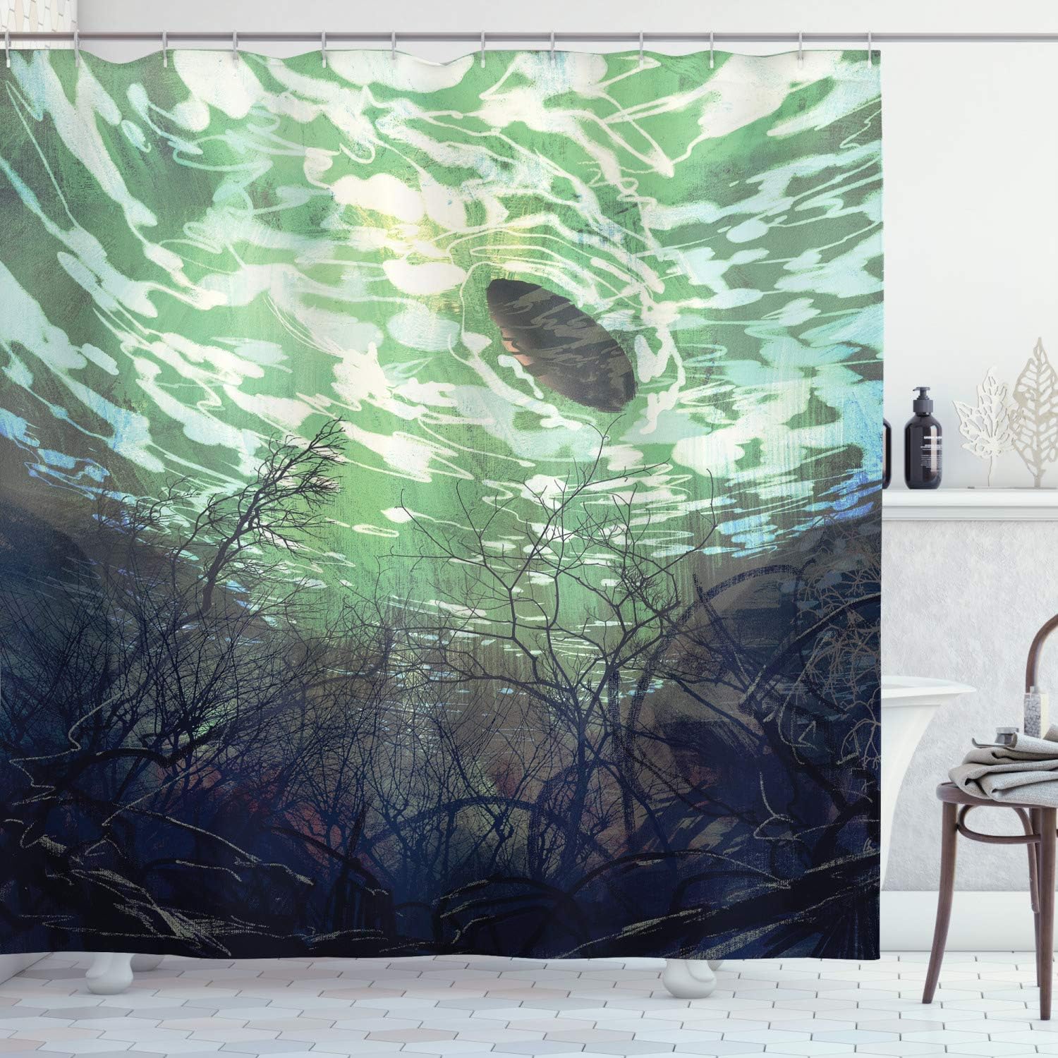 Ambesonne Fantasy World Shower Curtain, Underwater World with Tree Branches Stones Waves and Reflection of Sun Digital Art, Cloth Fabric Bathroom Decor Set with Hooks, 75