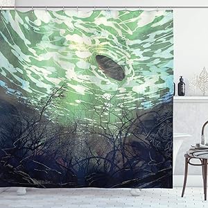 Ambesonne Fantasy World Shower Curtain, Underwater World with Tree Branches Stones Waves and Reflection of Sun Digital Art, Cloth Fabric Bathroom Decor Set with Hooks, 75