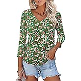 KTILG Women's V Neck T Shirts 3/4 Sleeve Blouse Summer Tops Dressy Casual Solid Basic Tees