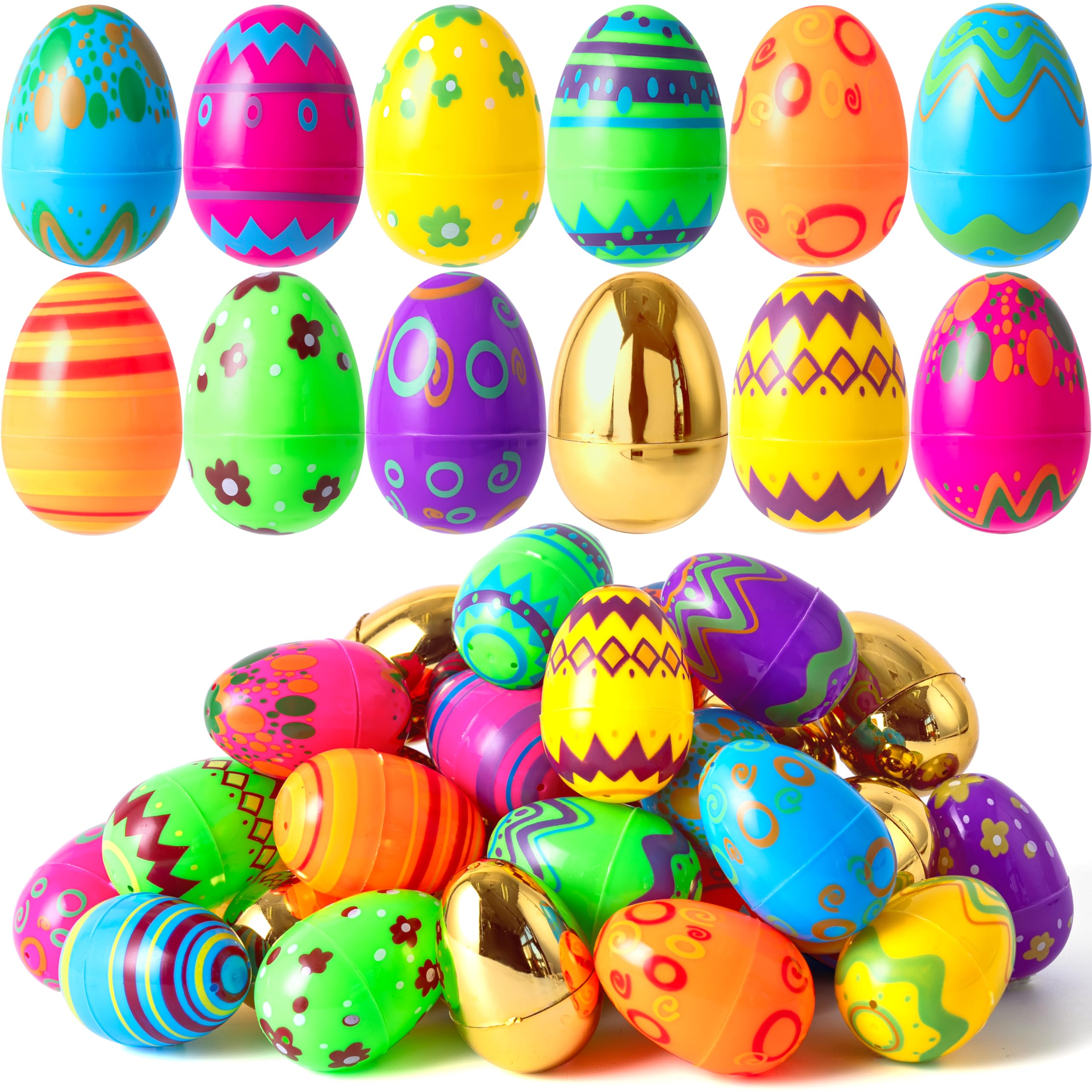 JOYIN 72 Pcs Plastic Easter Eggs, Printed Bright Fillable for Eggs Easter Egg Decorations, Easter Hunt, Classroom Prize Supplies, Filling Treats and Party Favor, Basket Stuffers Fillers