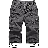 FOURSTEEDS Women's Mid Rise Cotton Capri Hiking Shorts Drawstring Multi Pocket Cargo Shorts Elastic Waist Cropped Cargo Pants