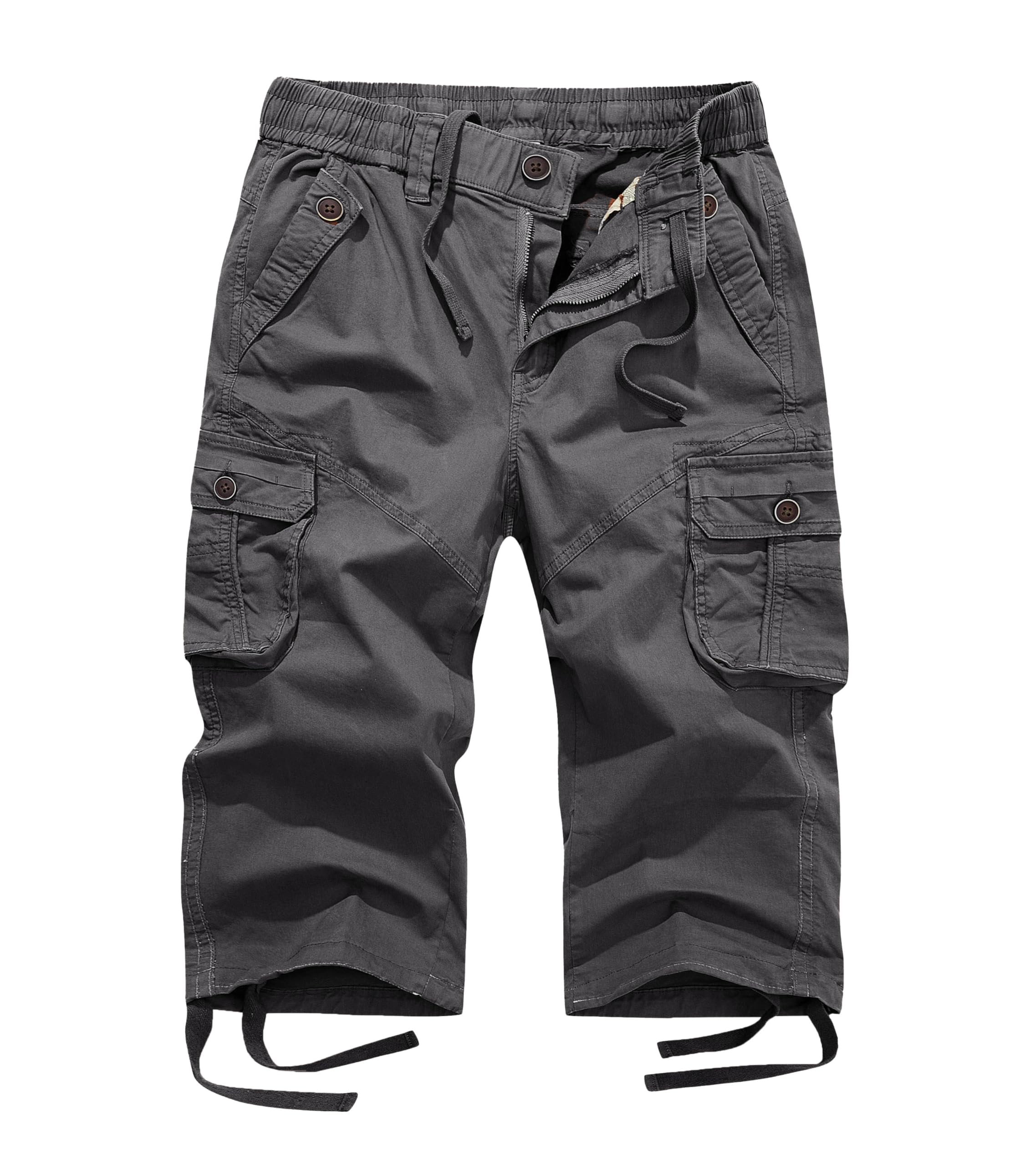 Photo 1 of FOURSTEEDS Women's Mid Rise Cotton Capri Hiking Shorts Drawstring Multi Pocket Cargo Shorts Elastic Waist Cropped Cargo Pants Dark Grey 3XL