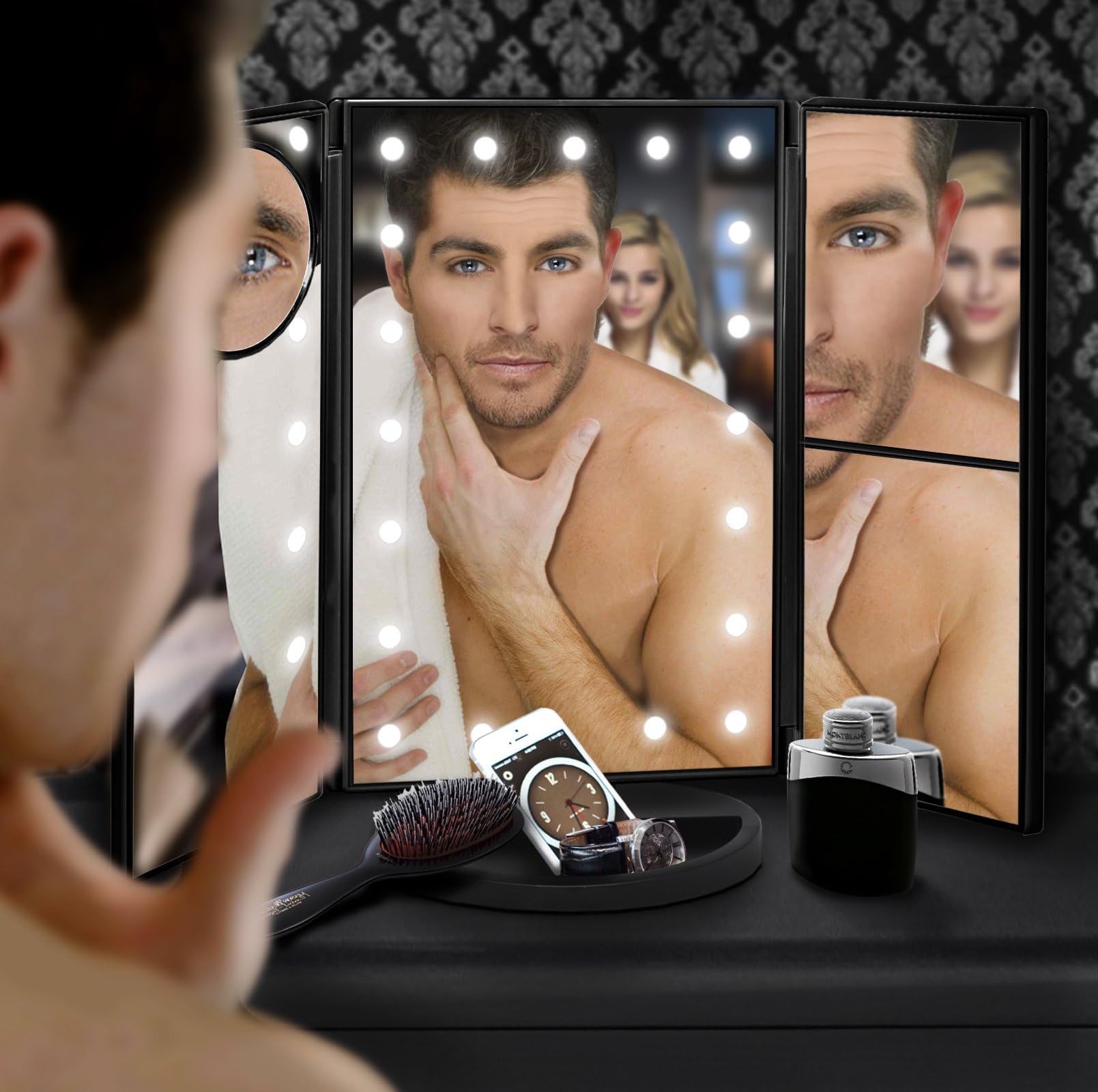 Illuminated Mirror by DND Essentials | Tri-Fold Vanity Mirror with 21 LED Lights | 1x 2x 3x and 10x Portable Magnifying Mirror | Cosmetic Mirror for Shaving, Makeup, Travel, Tabletop, Gifts (Black)