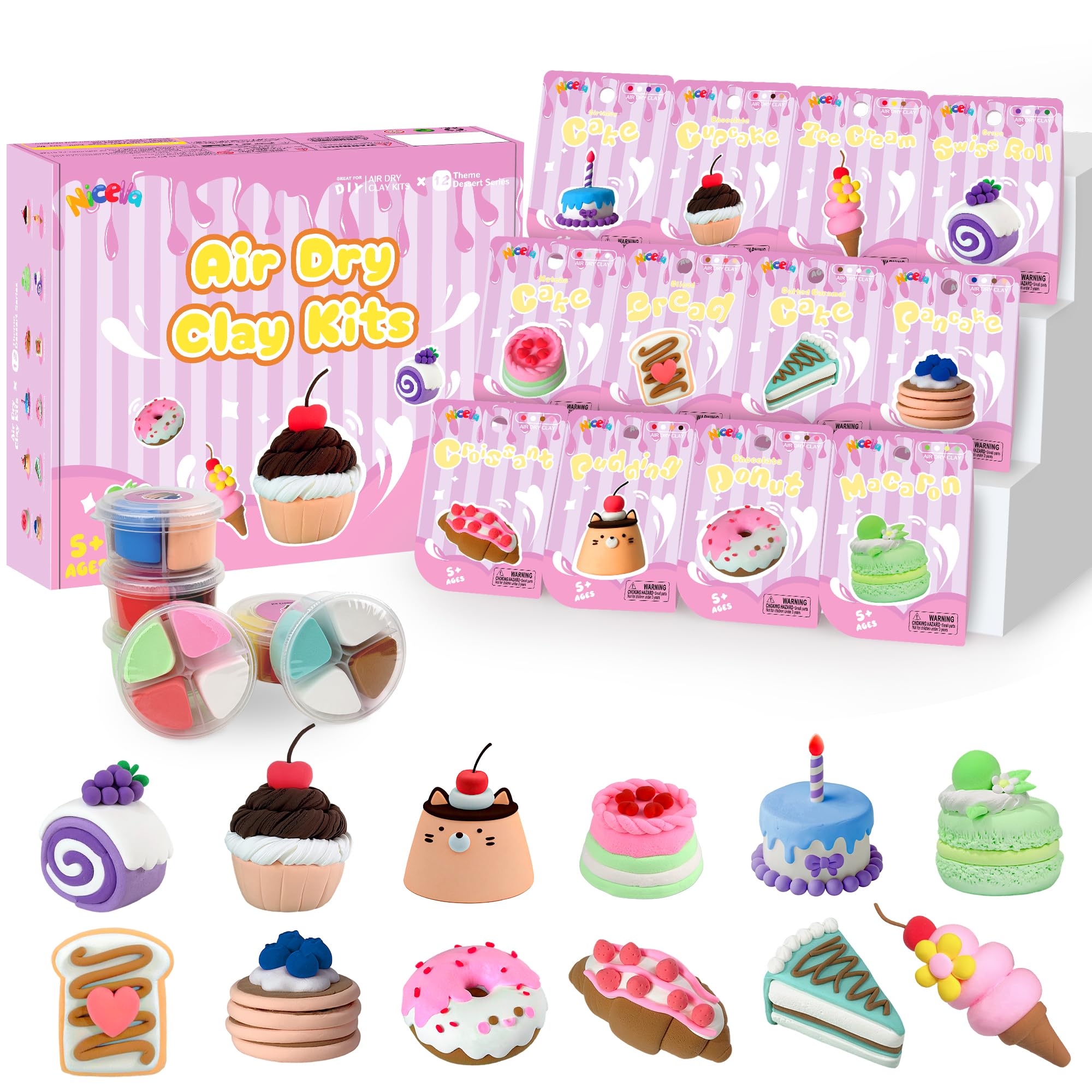 Nicella Air Dry Clay Kit, 12 Cakes Modeling Clay for Kids, Model Magic with Sculpting Tools and Tutorials, Safe & Non-Toxic, DIY Arts & Crafts School Projects, Home Party Favors for Boys & Girls