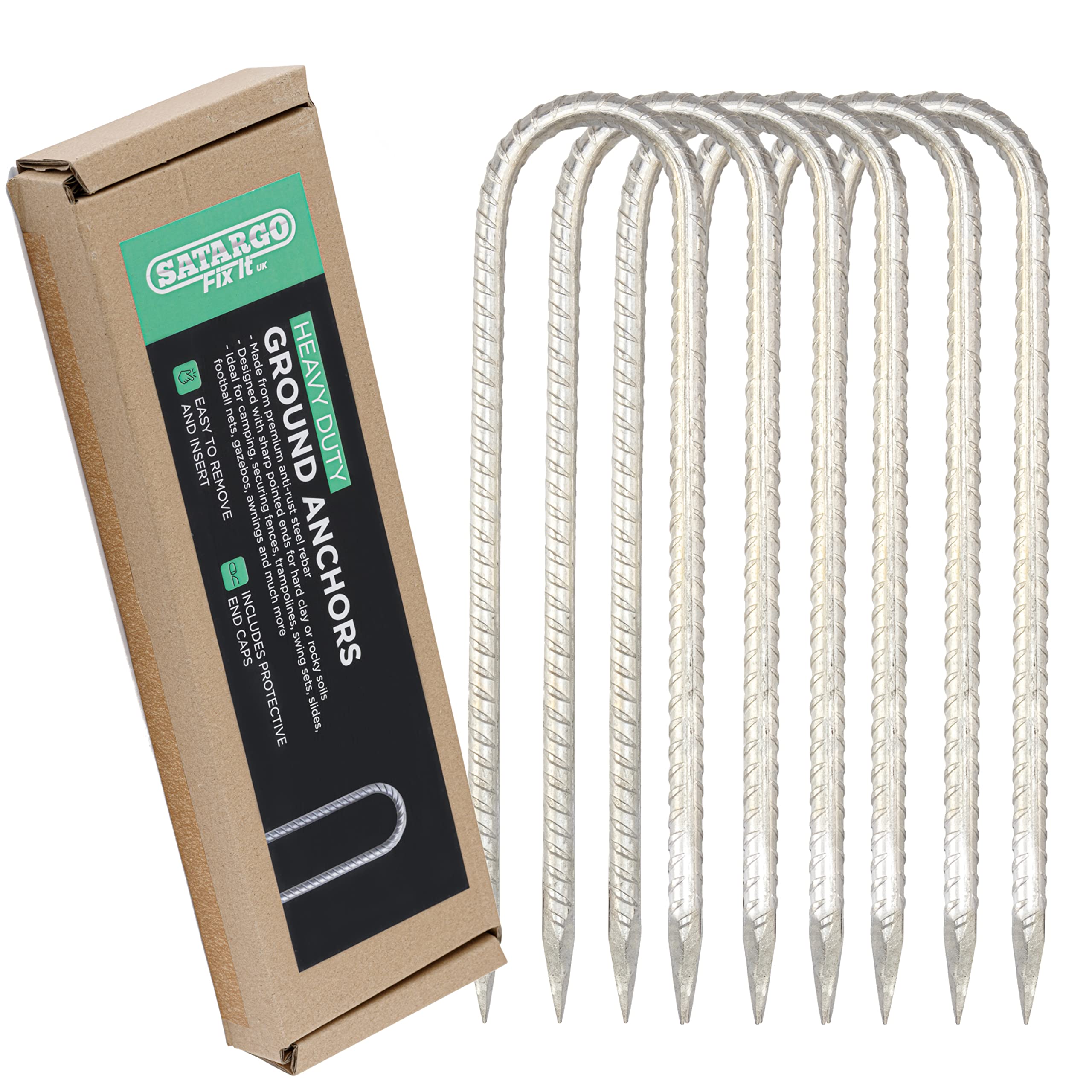 Satargo Heavy Duty Ground Rebar Stakes Garden Staples, Galvanized Steel Tent Nails, U Pegs Gardening Anchors, Landscape Pins for Trampoline, Camping, Canopies, Sheds Ports Swing Sets (8)