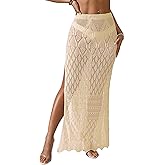 BreathSunny Womens Crochet Open Knit Elastic Waist Swimsuit Coverup Dress Summer 2026 Trendy Outfits Side Slit Mesh Swimwear Coverups Beach Swim Bathing Suit Cover Up Maxi Skirt Apricot L