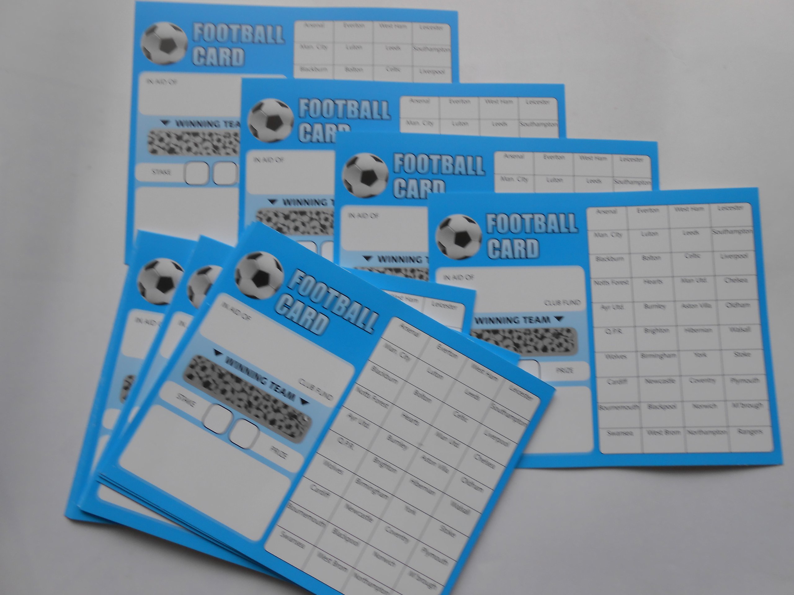 40 SPACE FOOTBALL SCRATCH CARDS SET OF 10(WHITE AND BLUE) RAISE £200 PROFIT