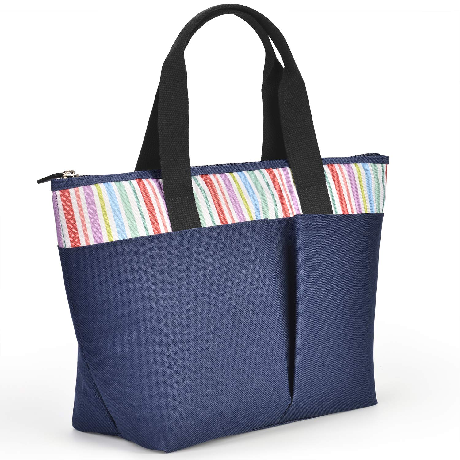 LEADO Insulated Lunch Box, Lunch Cooler Bag for Women Girls Reusable Large Capacity Lunch Tote Organizer Bag Handbag Meal Prep Thermal Bag, Striped Navy Blue