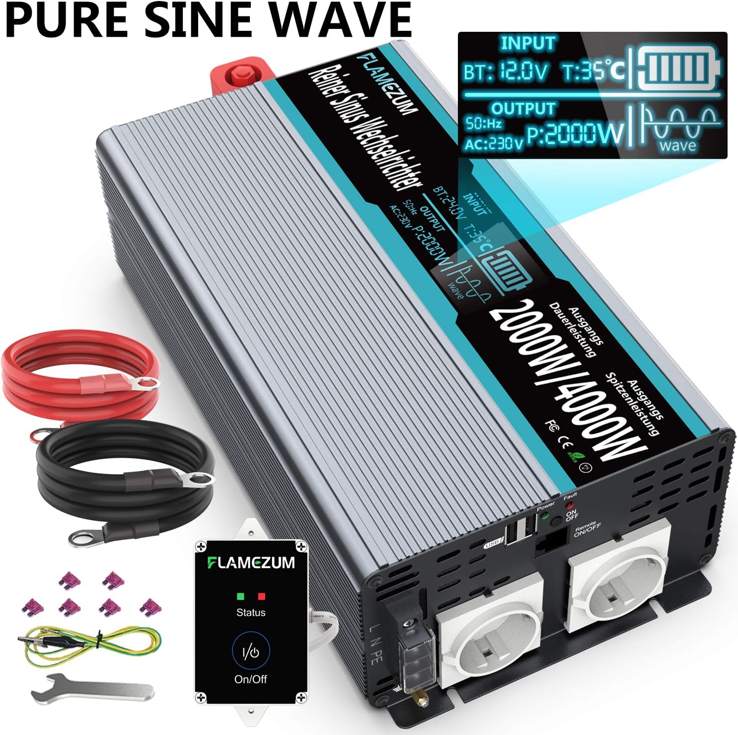 Reiner Sinus Spannungswandler 2000Watt Wechselrichter 12V auf 230V Sinus wechselrichter mit Zwei Reiner Sinus Spannungswandler 2000Watt Wechselrichter 12V auf 230V Sinus wechselrichter mit Zwei