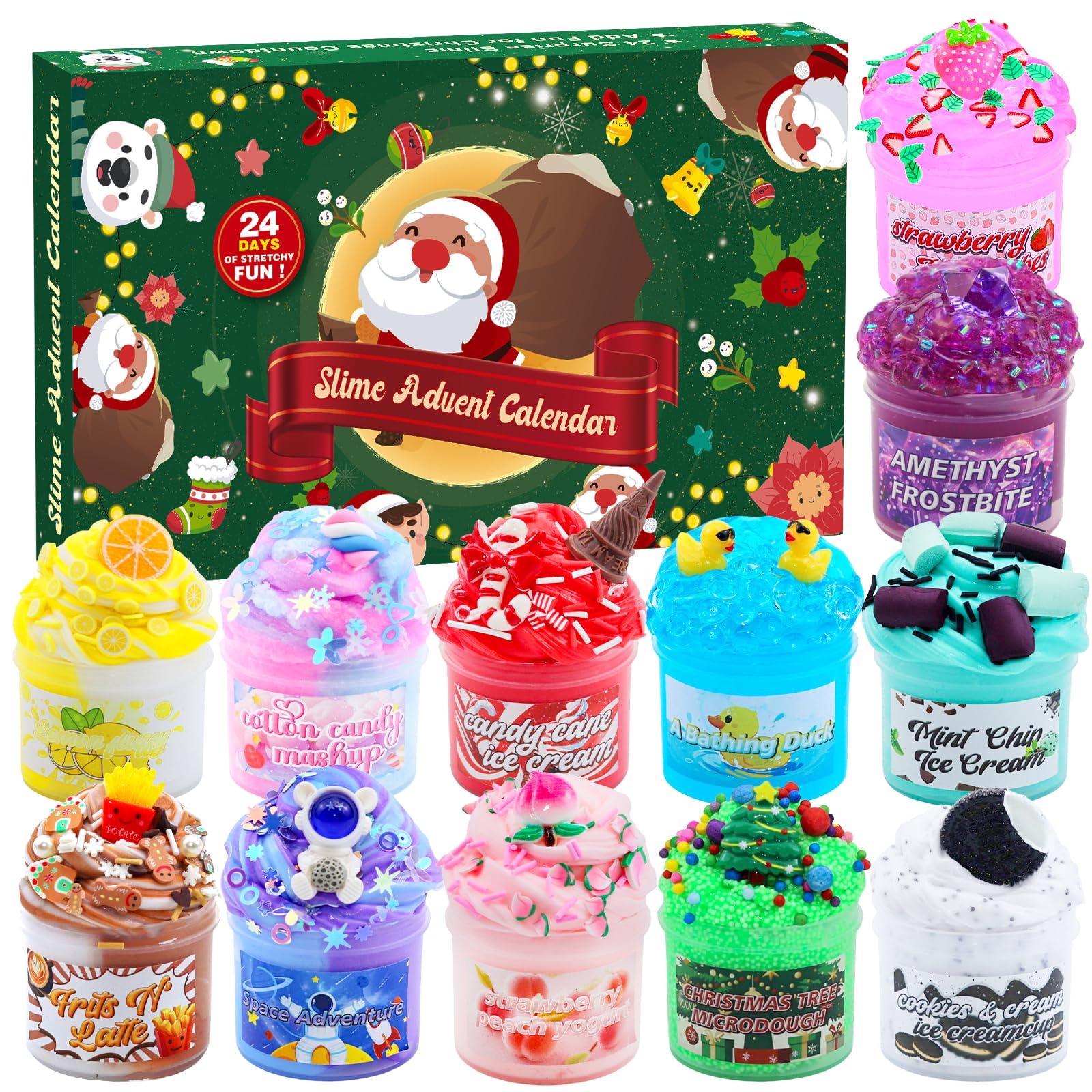 Slime Advent Calendar 2025 - Christmas Countdown Calendars 24 Days of Surprises with Different Texture Slime and Toys Kit Funny Gifts for Toddler Kids Teens Girls Boys 4 5 6 7 8 9 10 11 12 Year Old