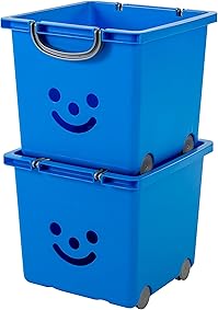 Iris Ohyama 135606 kcb-32 Smiley Kids Set de 2 cubos de almacenaje sobre ruedas plástico azul marino/plata 33 x 32 x 35 cm 