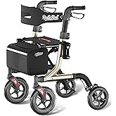 RollisRoll Walkers for Seniors with Seat, Foldable Rollator Walker, Reinforced Aluminum Frame, 10" Big Rubber Wheels for All Terrain, Built-in Cable, Lightweight Rolling Walker, Golden