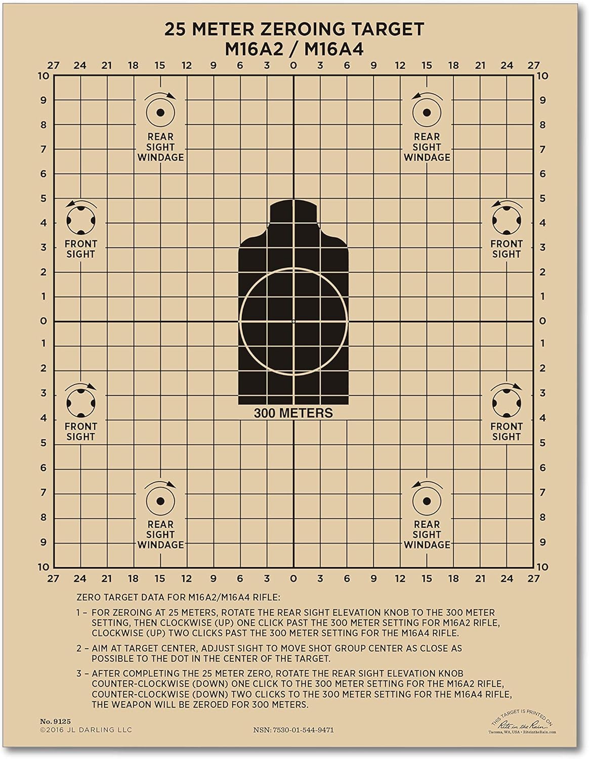 Rite In The Rain Weatherproof 25 Meter Target, 8 1/2" x 11", Tan, M16A2 / M16A4 Front, M4 Carbine Back, 100 Sheet Pack (No. 9125) : Sporting Goods : Sports & Outdoors