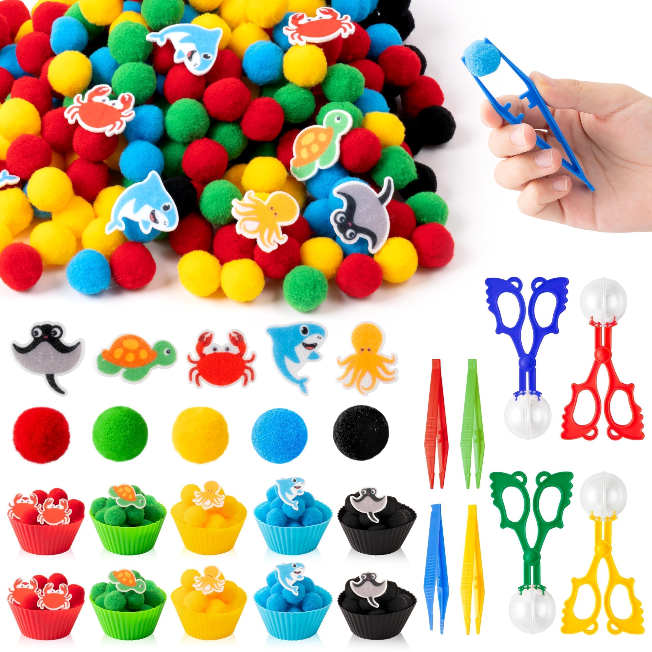 Photo 1 of EZdhuawuse Summer Sensory Bin Fillers - 387Pcs Sea Ocean Animal Multi-Pack Fine Motor Toys Math Color Sorting Set for Multiple Kids, Felt Shark Crab Pom Poms Cup Clip for Preschool Education Training