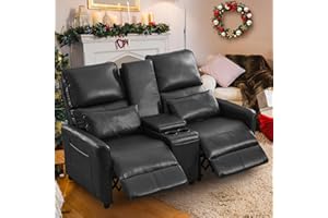 SENIFIS Loveseat Recliner Sofa, Push Back Double Wall Hugger Reclining Sofa Chair with Console, 2 Seat Leather Home Theater Seating with Cup Holder, Manual Comfy RV Furniture Sofa for Living Room, Light Black