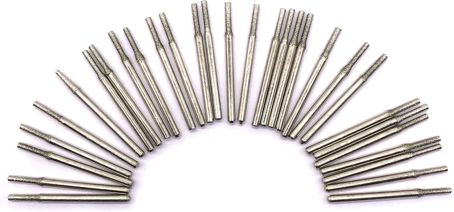 30Pcs Diamond Grinding Bits, 2mm Cylinder Head, 3mm Shank, 45mm Long Diamond Coated Burr Mounted Point